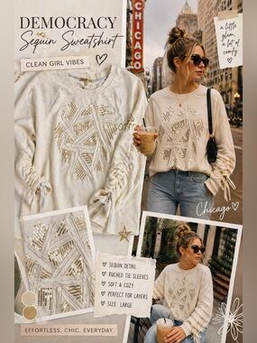 Democracy Cream Sequin Embellished Sweatshirt Pullover Top Size L